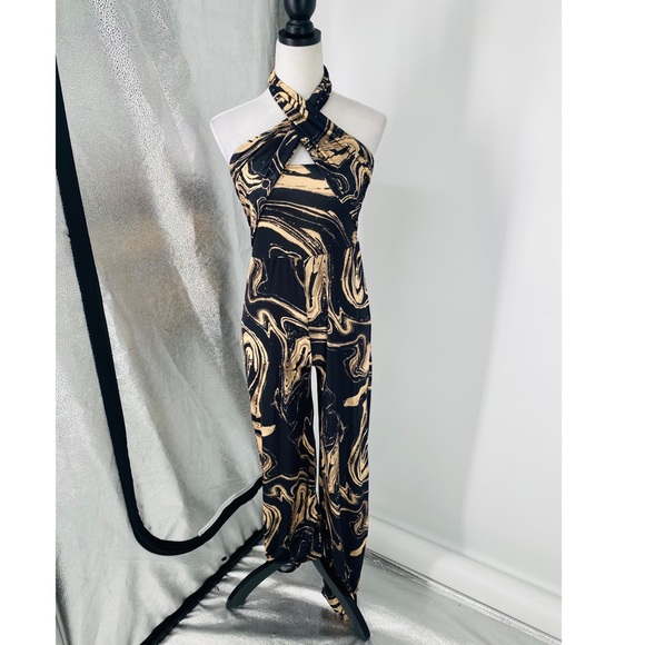 Marble Print Sleeveless Halter Neck Open Back Wide Leg Jumpsuit - Picture 7 of 17